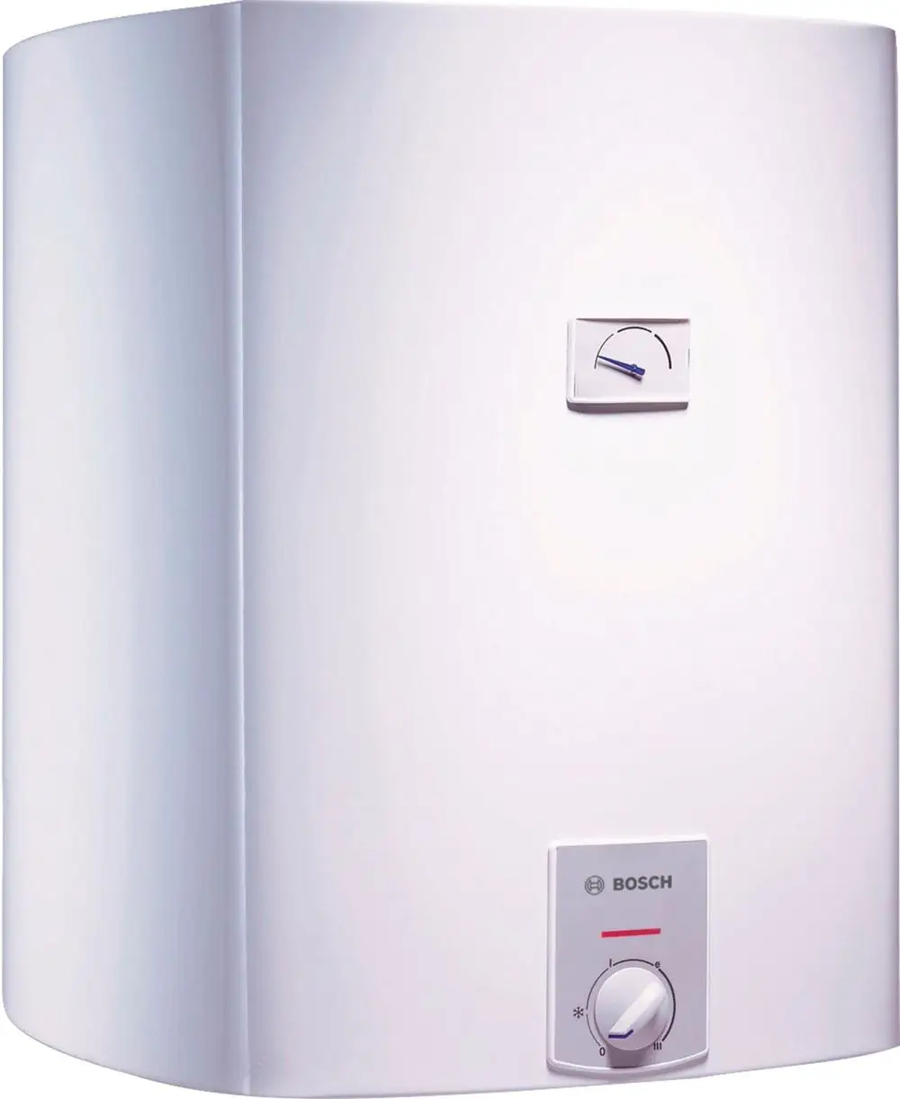 Weißer Behälter mit abgerundeten Ecken, Regelung an der Vorderseite, Temperaturanzeige. Produkt von Bosch, geeignet für die Warmwasserbereitung.